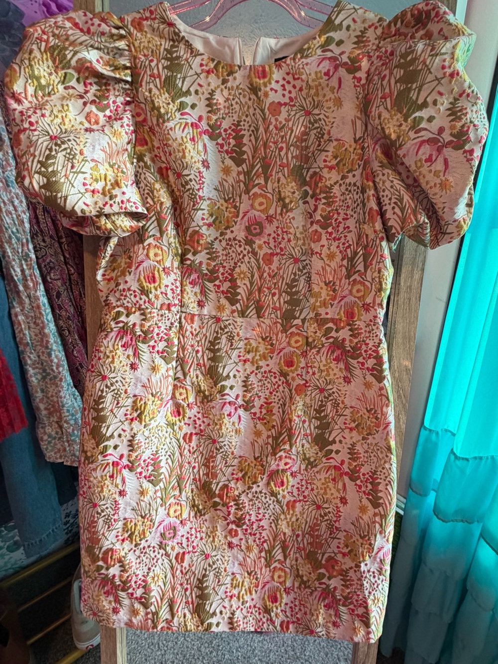 Floral Puff Sleeve Mini Dress - Pink, Green & Yellow